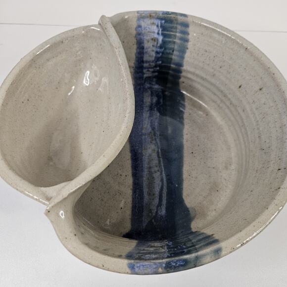 Vtg Handmade Studio Pottery Serving Bowl Rustic Primitive Dip Bowl Blue Brown - Picture 11 of 11